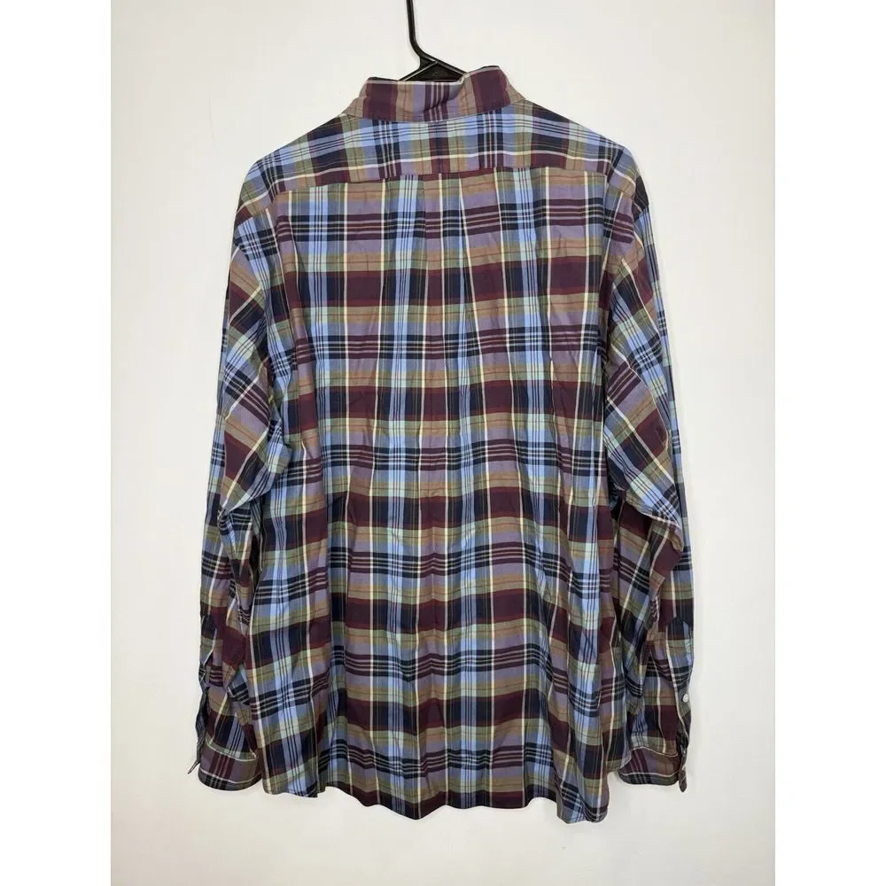Polo Ralph Lauren Button Down Shirt Mens XL 17 Plaid Blue Pony Preppy Office Pro